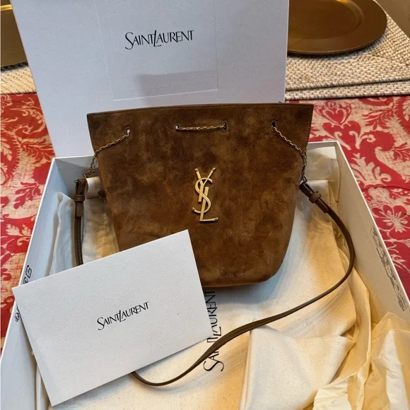 Yves Saint Laurent Brown Suede Bucket Shoulder Bag with Gold Hardware - Picture 2 of 9